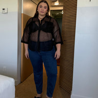 Plus Size Mesh Double Pocket Button Down Black