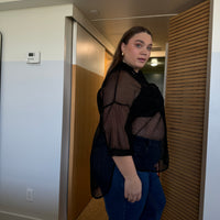 Plus Size Mesh Double Pocket Button Down Black