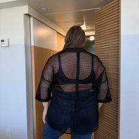 Plus Size Mesh Double Pocket Button Down Black