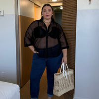Plus Size Mesh Double Pocket Button Down Black