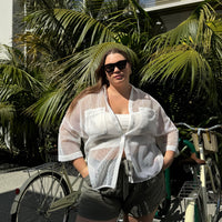 Plus Size Mesh Double Pocket Button Down Black White