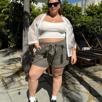 Plus Size Mesh Double Pocket Button Down White