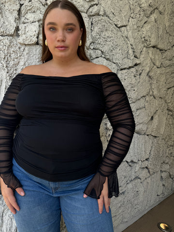 Plus Size Drapey Ruched Mesh Sleeve Top Black