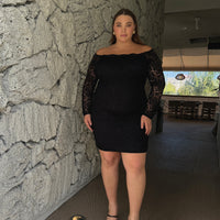 Plus Size Off The Shoulder Lace Mini Dress Black