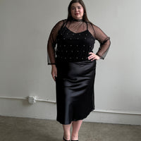Plus Size Beaded Mesh Mock Neck Top Plus Size Tops Black 1XL -2020AVE