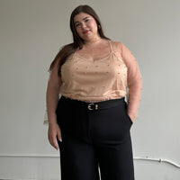 Plus Size Beaded Mesh Mock Neck Top Plus Size Tops Champagne 1XL -2020AVE