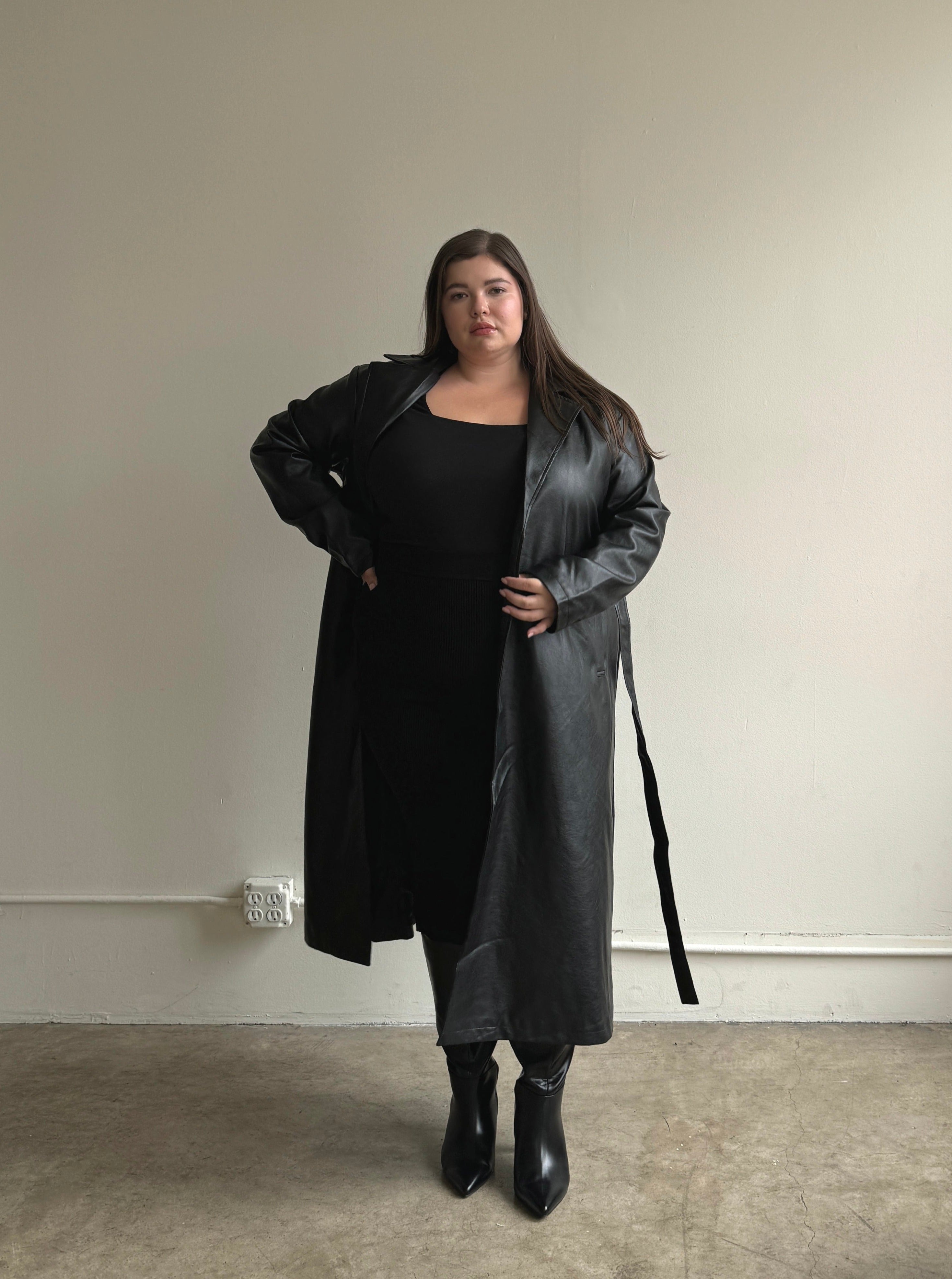 Plus Size Faux Leather Trench Coat1