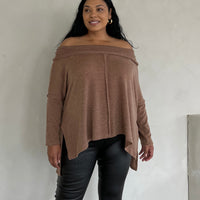 Plus Size Folded Off The Shoulder Sweater Plus Size Outerwear Brown 1XL -2020AVE