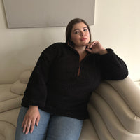 Plus Size Half Zip Teddy Pullover Plus Size Outerwear Black 1XL -2020AVE