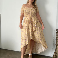 Plus Size High Low Smocked Floral Dress Plus Size Dresses Yellow 1XL -2020AVE