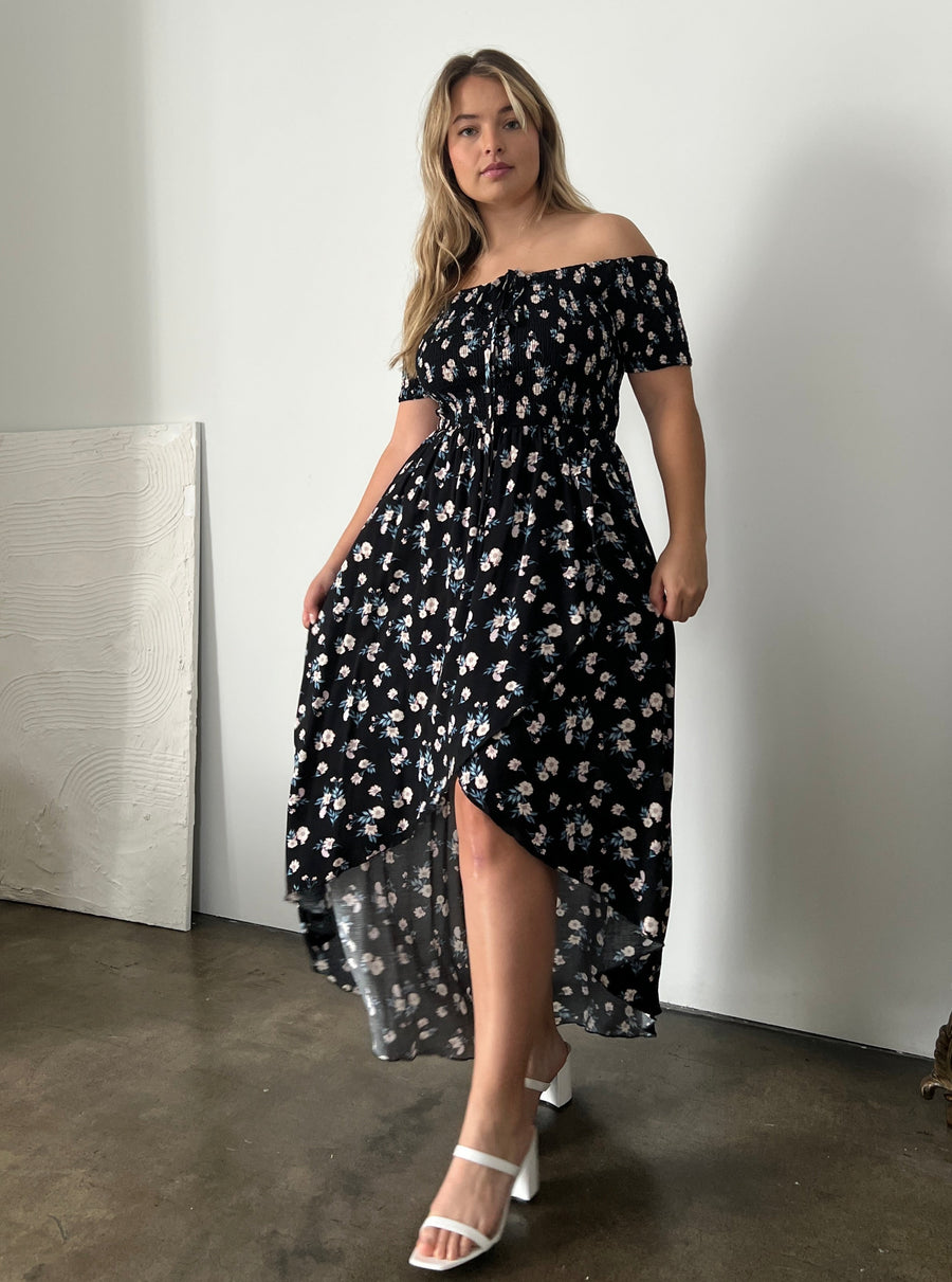 Plus Size High Low Smocked Floral Dress Plus Size Dresses Black 1XL -2020AVE