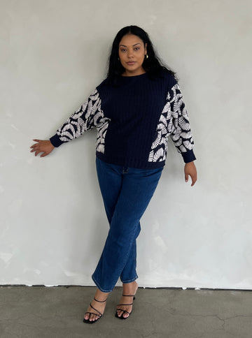Plus Size Long Sleeve Patterned Sweater Plus Size Outerwear Navy 1XL -2020AVE