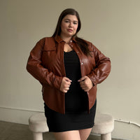 Plus Size PU Leather Shirt Jacket Plus Size Outerwear Brown 1XL -2020AVE
