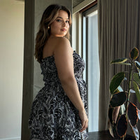 Plus Size Palm Print Layered Smocked Romper - Black