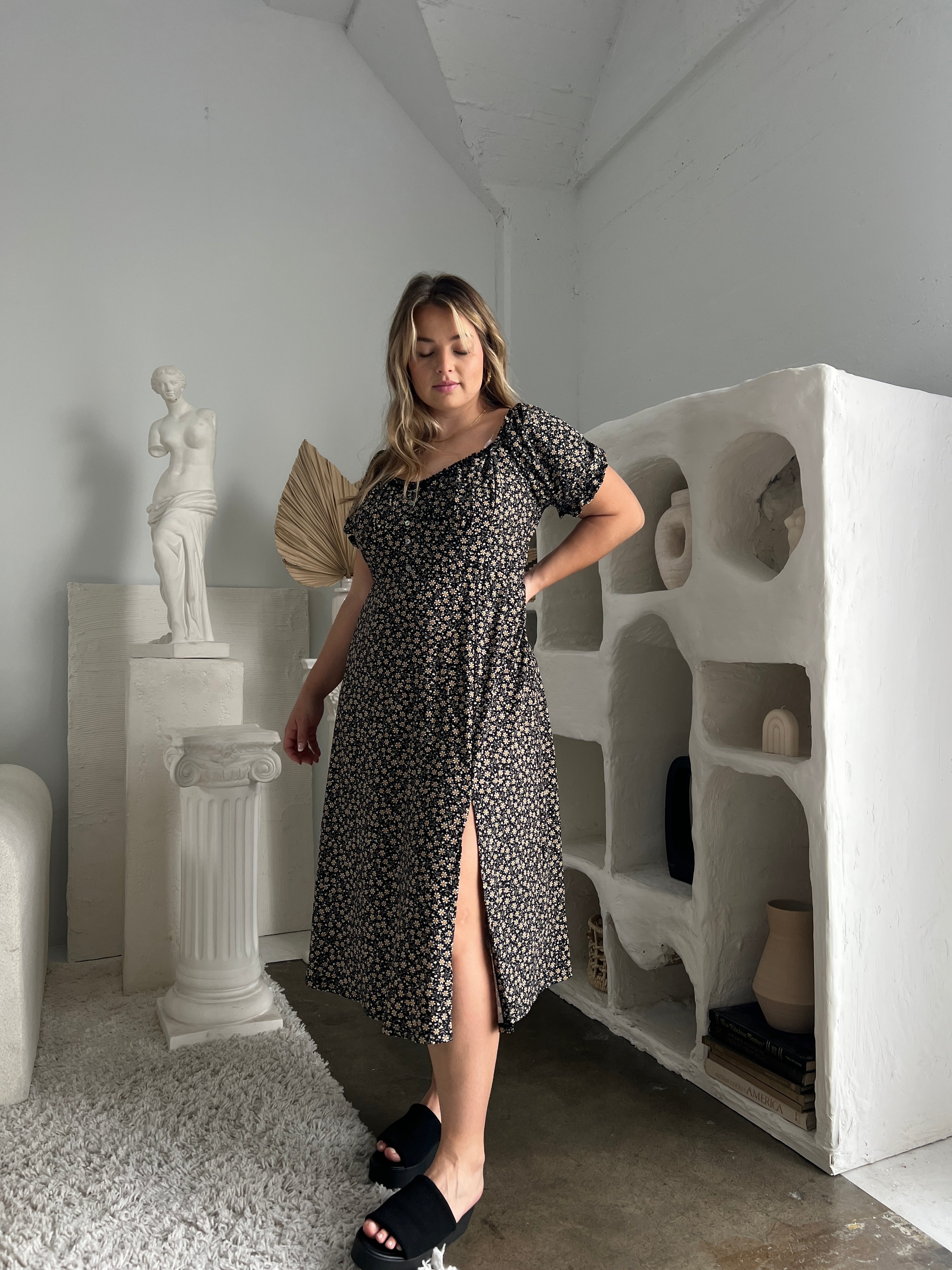Plus Size Puff Sleeve Floral Midi Dress – 2020AVE