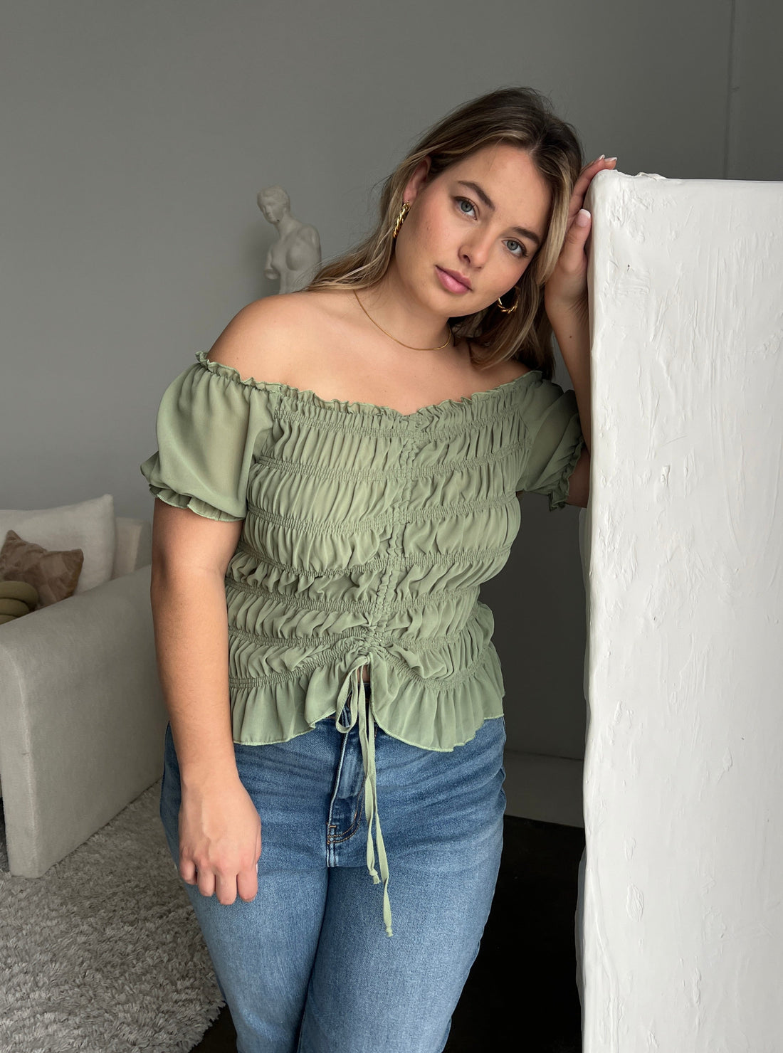 Plus Size Smocked Mesh Sleeve Top Plus Size Tops Sage 1XL -2020AVE
