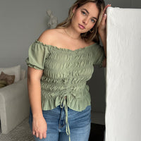 Plus Size Smocked Mesh Sleeve Top Plus Size Tops Sage 1XL -2020AVE