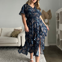 Plus Size Surpliced Floral Midi Dress Plus Size Dresses Navy 1XL -2020AVE