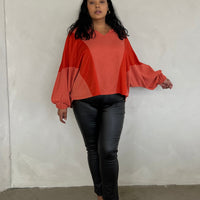 Plus Size Two Tone Long Sleeve Top Plus Size Outerwear Orange 1XL -2020AVE