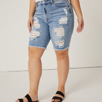 Curve Distressed Bermuda Denim Shorts Plus Size Bottoms -2020AVE