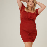 Curve Mesh Ruched Dress Plus Size Dresses Rust 1XL -2020AVE