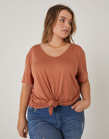 Curve Anytime Simple Knot Tee Plus Size Tops Brown 1XL -2020AVE