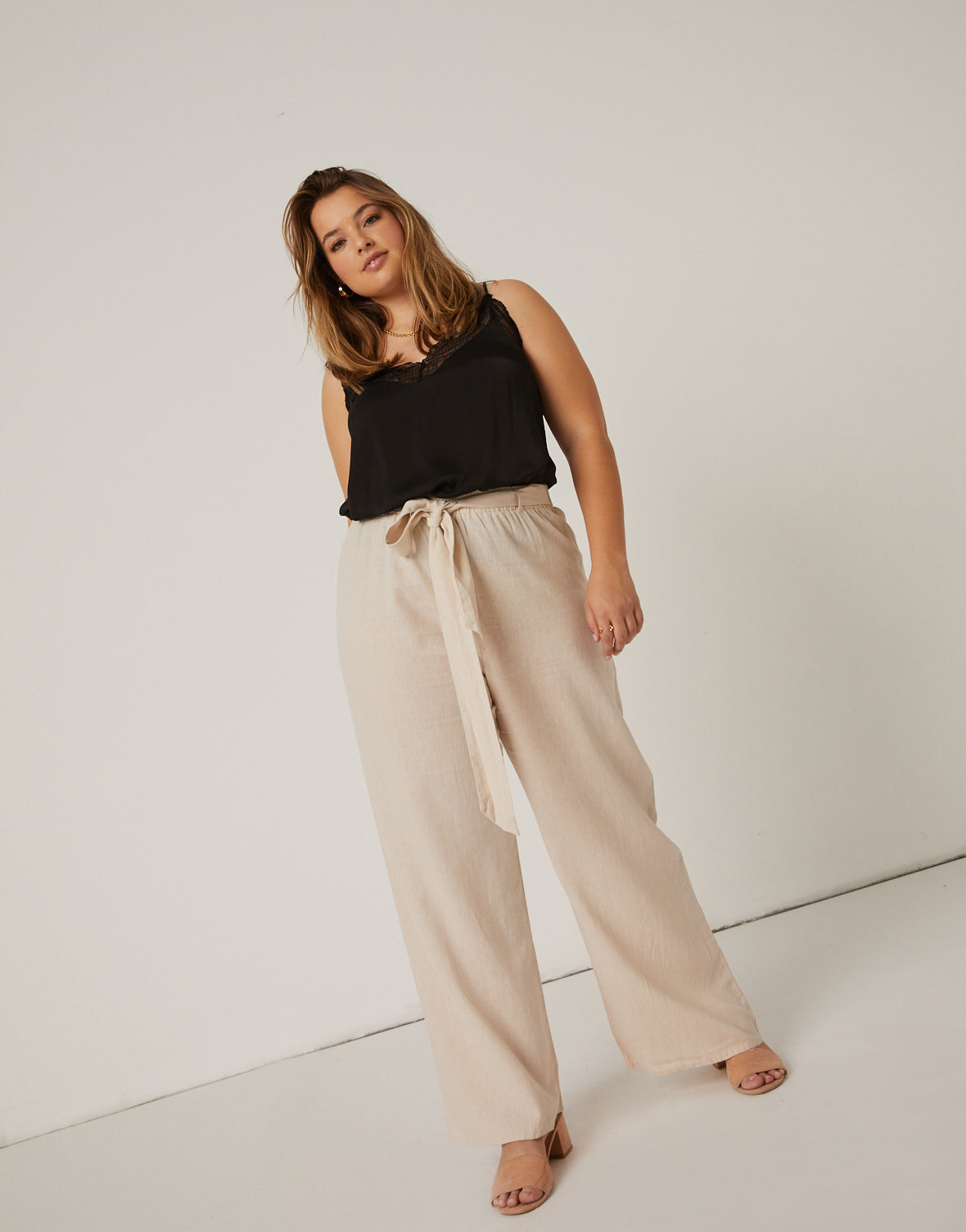 Plus Size Belted Linen Pants - Main Image