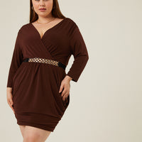 Curve Belted Ruched Dress Plus Size Dresses Brown 1XL -2020AVE