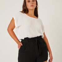 Curve Belted Summer Shorts Plus Size Bottoms Black 1XL -2020AVE