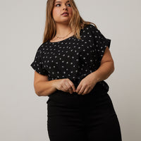 Curve Bird Pattern Blouse Plus Size Tops Black 1XL -2020AVE
