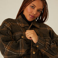 Curve Brushed Plaid Shacket Plus Size Outerwear -2020AVE