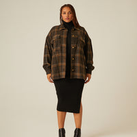 Curve Brushed Plaid Shacket Plus Size Outerwear -2020AVE