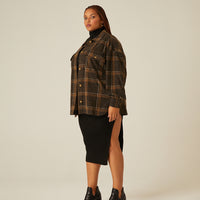 Curve Brushed Plaid Shacket Plus Size Outerwear -2020AVE