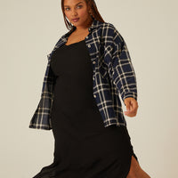 Curve Button-Up Plaid Shirt Plus Size Tops Navy 1XL -2020AVE