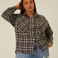 Curve Button-Up Plaid Shirt Plus Size Tops Gray 1XL -2020AVE