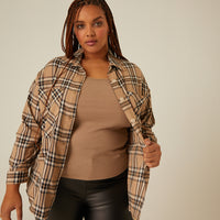 Curve Button-Up Plaid Shirt Plus Size Tops Taupe 1XL -2020AVE