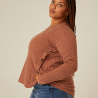Curve Button Detail Ribbed Top Plus Size Tops -2020AVE