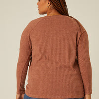 Curve Button Detail Ribbed Top Plus Size Tops -2020AVE
