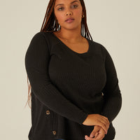 Curve Button Detail Ribbed Top Plus Size Tops Black 1XL -2020AVE