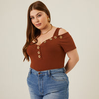 Curve Button Detail Top Plus Size Tops Brown 1XL -2020AVE