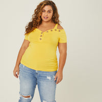 Curve Button Detail Top Plus Size Tops Yellow 1XL -2020AVE