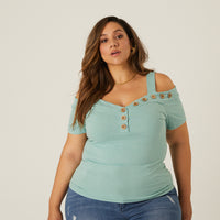Curve Button Detail Top Plus Size Tops -2020AVE