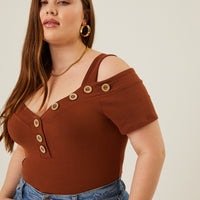 Curve Button Detail Top Plus Size Tops -2020AVE