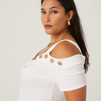 Curve Button Detail Top Plus Size Tops -2020AVE