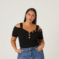 Curve Button Detail Top Plus Size Tops -2020AVE
