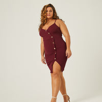 Curve Button Down Asymmetrical Dress Plus Size Dresses Burgundy 1XL -2020AVE