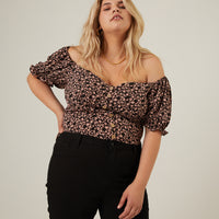 Curve Buttoned Floral Crop Top Plus Size Tops -2020AVE