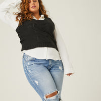 Curve Cable Knit Sweater Vest Plus Size Tops Black 1XL -2020AVE