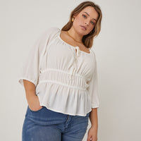 Curve Chiffon Elasticized Blouse Plus Size Tops Off White 1XL -2020AVE