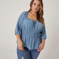 Curve Chiffon Elasticized Blouse Plus Size Tops Blue 1XL -2020AVE